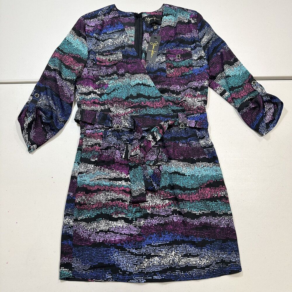 Yumi Kim Printed Glam Wrap Top Belted Dress Sz XS Surplice, Belted, Peacock